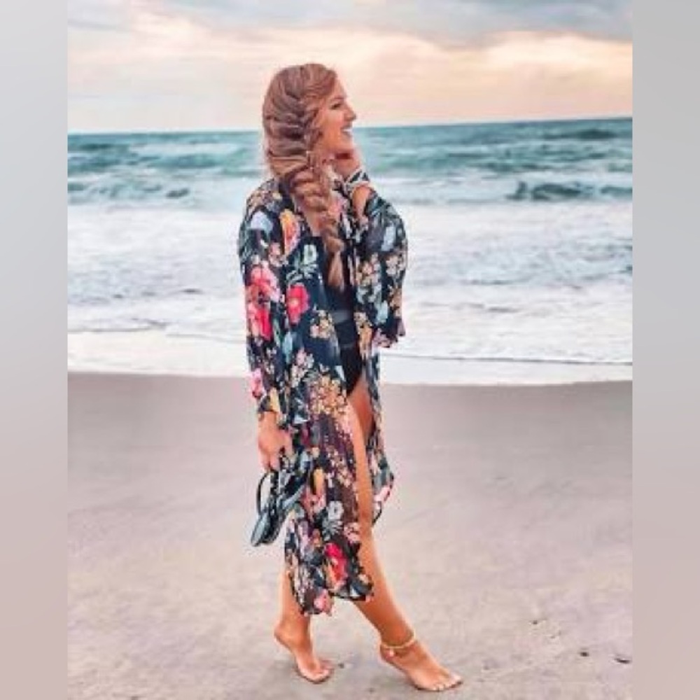 Grace & Lace sheer floral Florence Kimono flutter slv dressy/casual gold accent